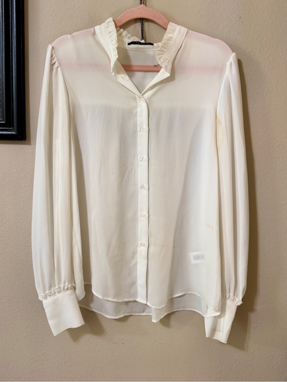 Tahari Light Cream Ruffle-Collar Button Front Blouse